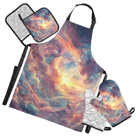 Colorful Cloud with Sunrise Oven Mitts and Pot Holders with Chef Apron Set 5 Pcs Kitchen Cooking Set