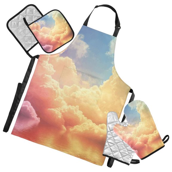 Colorful Clouds on Sea 5 Pcs Kitchen Set Heat Resistant Oven Mitts and Non-Slip Pot Holders with Adjustable Cooking Apron