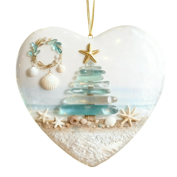 Colorful Coastal Sea Glass Ceramic Christmas Tree Ornament, 2D Holiday Decor For Home Gift, Nautical Theme