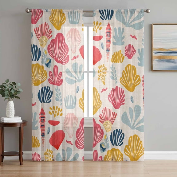Colorful Coastal Shells Sheer Curtains 63 Inch Length 2 Panels Set, Vintage Summer Ocean Conch Voile Window Treatment Rod Pocket Curtains Sheers Drapes for Bedroom/Living Room/Kitchen 52x"63"x2