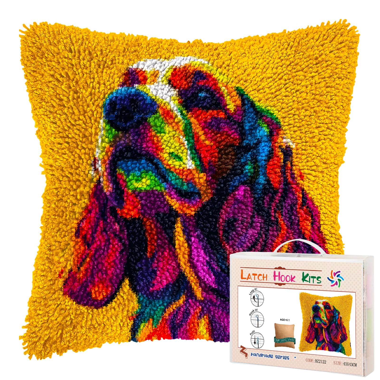 Colorful Cocker Dog DIY Latch Hook Pillow Kits for Adults Printed Pillowcase Crochet Yarns Hooking Handmade Pillow Cover Cushion for Home Sofa Decoration 17x17inch