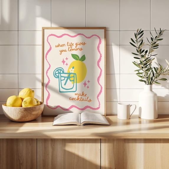 Colorful Cocktail Print Kitchen Wall Art Dopamine Decor Maximalist Spicy Margs Poster When Life Gives you Lemons Print Pastel Cute Decor, Unframed Paper Poster 8x10in