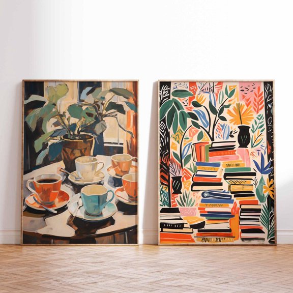 Colorful Coffee Books Vibrant Cafe Cozy Reading Wall Art Print Set 2 Unframed Paper Print 8x12