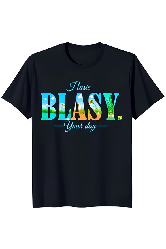Colorful Collage Black T-Shirt Have a Blasy Your Day with Grassy Field Blue Sky & Beach Design
