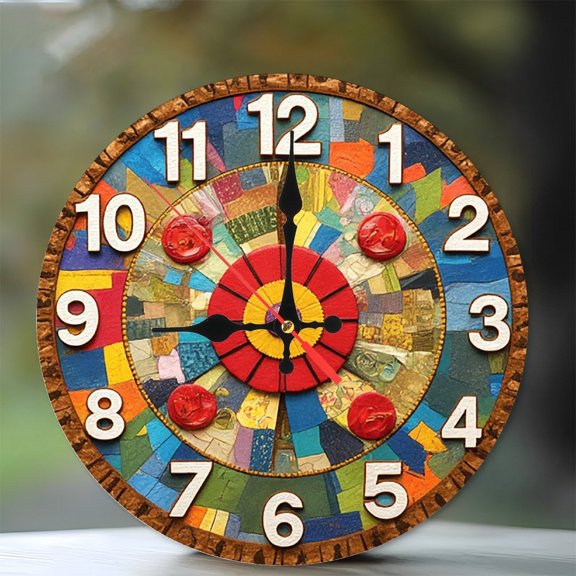 Colorful Collage Clock Wall Decor 10-Inch Silent Wooden Wall Clock, Battery Operated (AA Batteries Not Included), Artistic Home Decor