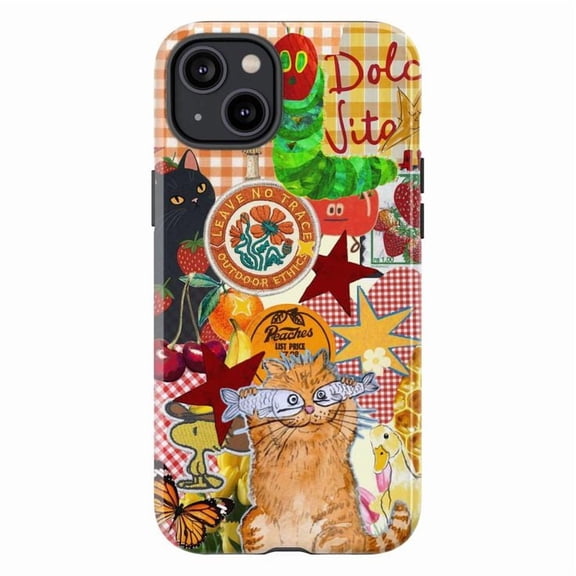 Colorful Collage Phone Case, Retro Cat and Fruit Patchwork Design, Whimsical Artistic iPhone Cover for iPhone 17 16 15 14 13 12 11 Pro Plus Mini