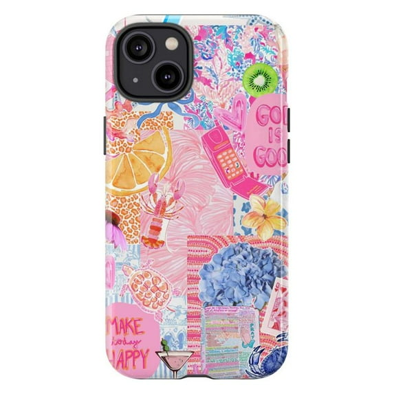 Colorful Collage Phone Case, Retro Pink Aesthetic with Floral and Fruit Design, Unique Artistic Protective iPhone Cover for iPhone 17 16 15 14 13 12 11 Plus Pro Max Mini