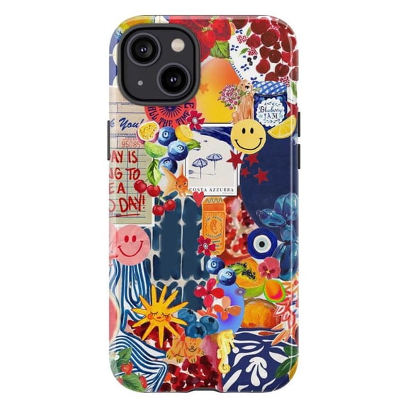 Colorful Collage Phone Case, Retro Smiley Face and Floral Summer Vibes iPhone Cover, Unique Artistic Protective Case for iPhone 17 16 15 14 13 12 11 Plus Pro Max Mini