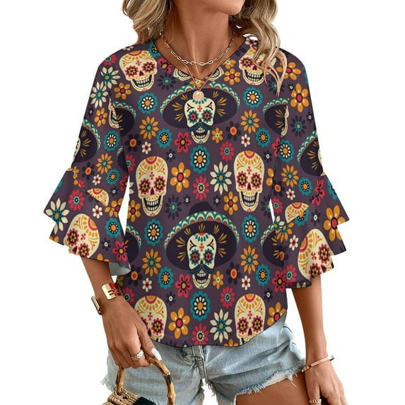 Colorful Collection Of Skulls And Flowers Women's V-Neck Blouse With 3/4 Ruffled Bell Sleeves Casual Top Ladies Blouses
