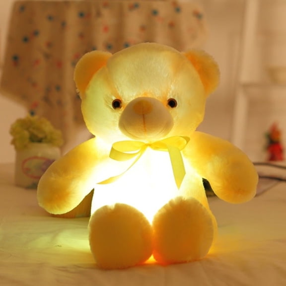 Colorful Color Changing Glowing Color Bear Figurine Ribbon Light Bow Bear, LED Night Light Soft Plush Toy for Boys and Girls, Holiday Birthday Gift, Calming Bedroom Decor