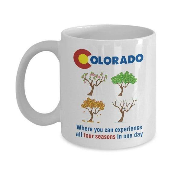 Colorful Colorado Four Seasons Graphic Art Coffee & Tea Gift Mug Cup For Youth Coloradans From Boulder, Aspen & Loveland