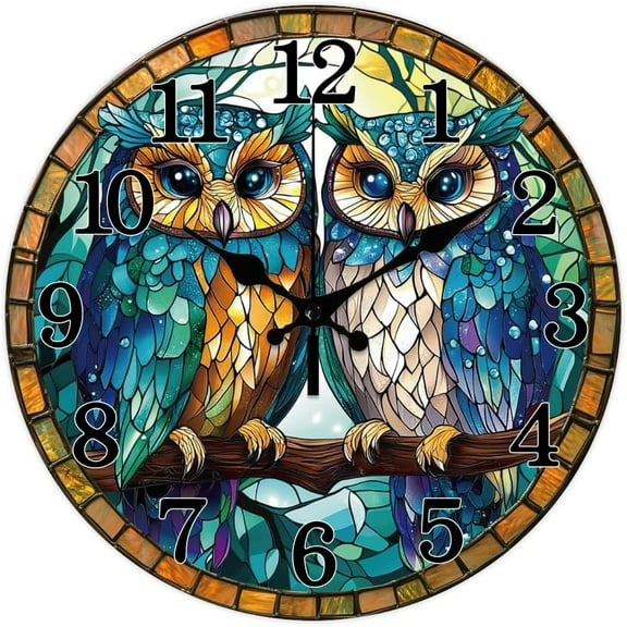 Colorful Colored Painted Owl Wall Clock Non-Ticking Clock 12 Inch Round Decorative Clocks Printed Wall Clocks for Home Office Decoration