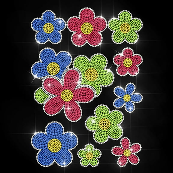 Colorful Colorful Flowers Rhinestone Iron on Decal Cartoon Blooms Hotfix Transfer Sticker Rainbow Daisy Heat Transfer Patch Bling Clothing Repair Applique for T-Shirt Hat Jacket Garment Bag DIY Decor
