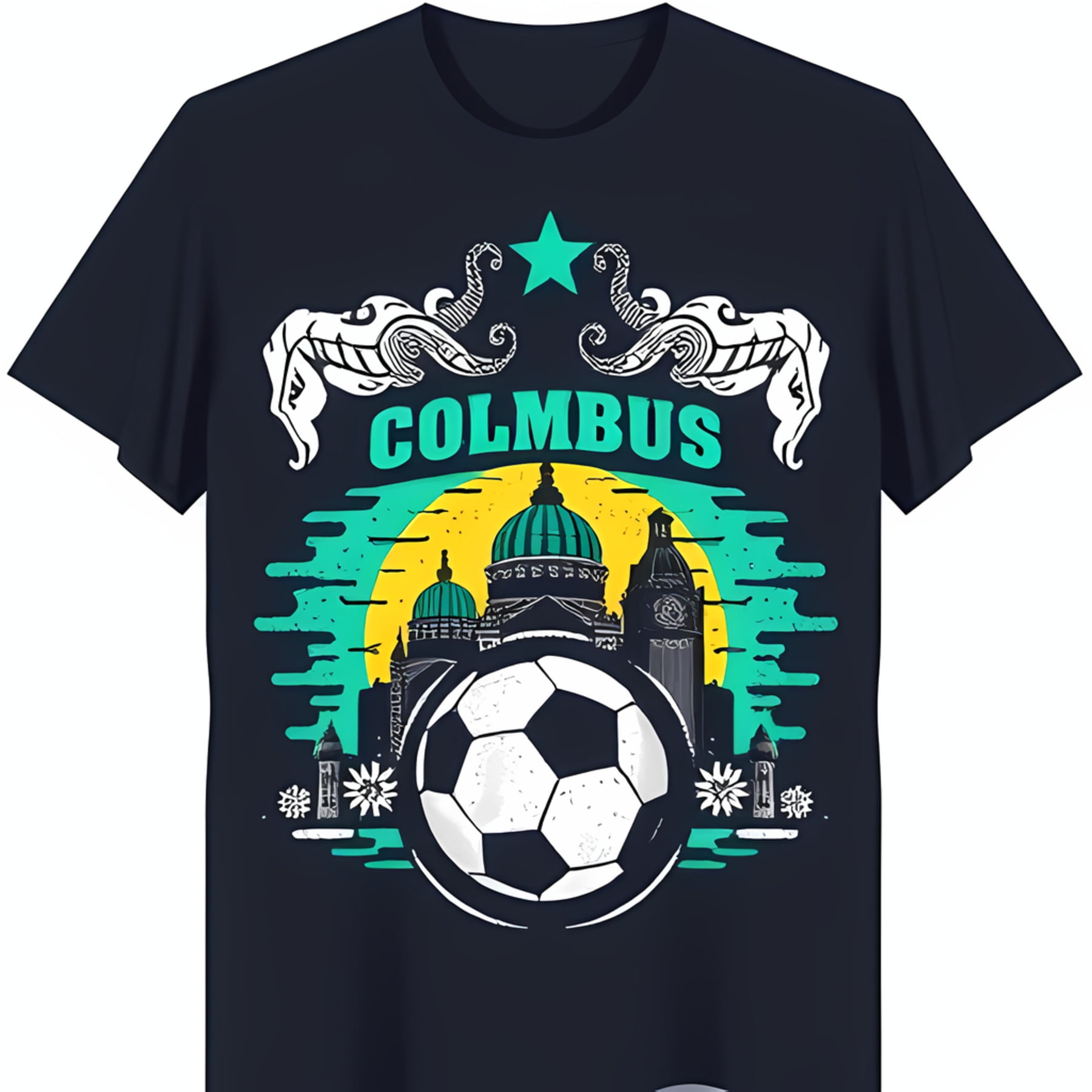Colorful Columbus Soccer Ball TShirt with City & Sunset Design
