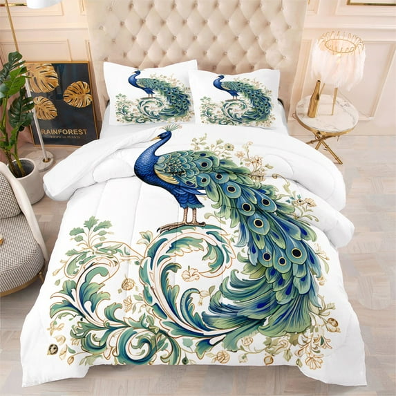 Colorful Comforter Green Peacock Quilt 3-Piece Set 1 Queen Size Comforter (90"x90") and 2 Pillow Shams (20"x30")