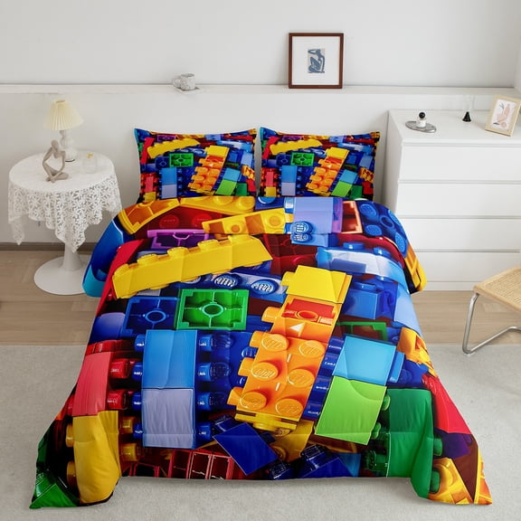 Colorful Comforter Set Twin, Building Blocks Bedding , 3D Rainbow Construction Brick Bedding Comforter Sets Funny Geometric Rectangle Duvet Insert