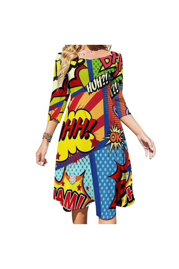 Colorful Comic Book Panels Flare Dress Square Neck Dress Elegant Female Fashion Printed Dress
