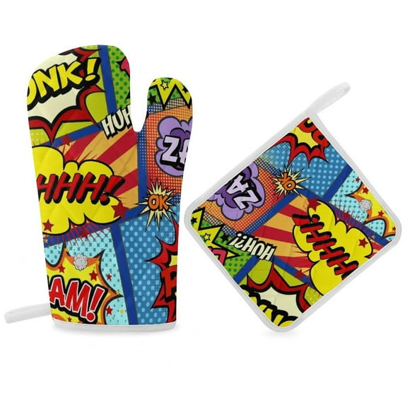 Colorful Comic Book Panels Oven Gloves And Pots Stand Set Oven Gloves And Pot Racks Pot Racks And Oven Gloves Set