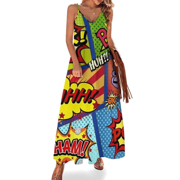 Colorful Comic Book Panels Sleeveless Suspender Dress Summer Fashion Casual Long Dress