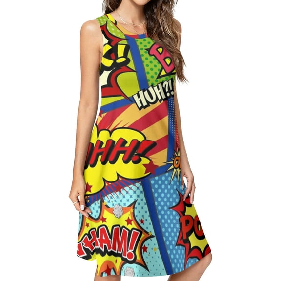 Colorful Comic Book Panels Spring Summer Dresses for Women Fashion T-shirt Dress Casual Sleeveless Loose Sundress with Pockets