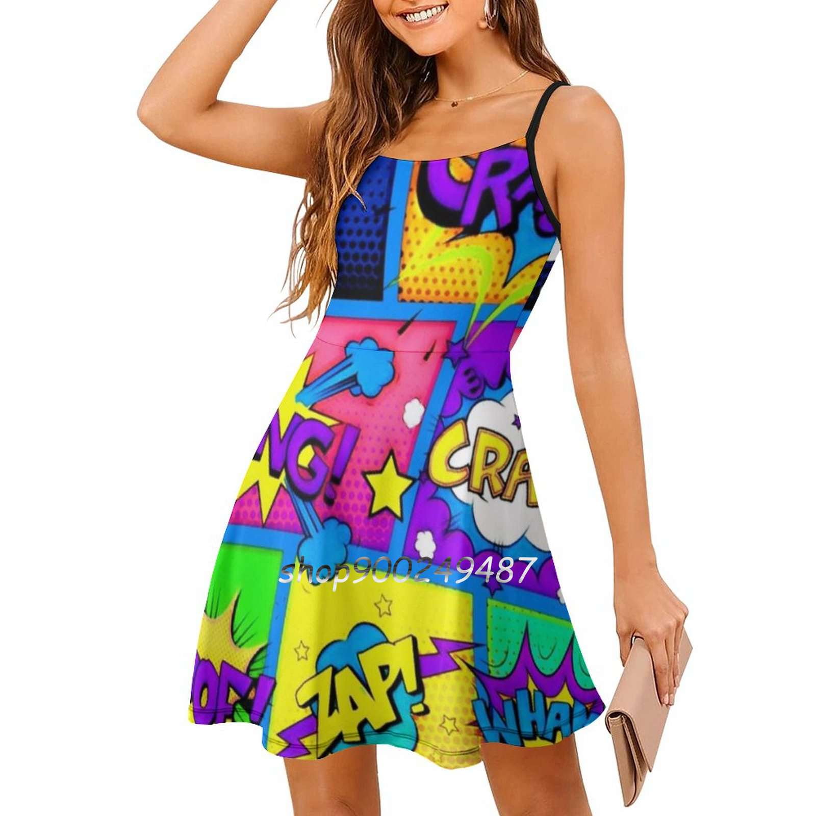 Colorful Comic Book Panels Square Neck Dress Sweet Summer Dress Women Elegant Halter Print Dress Comic Book Panel Background Walmart