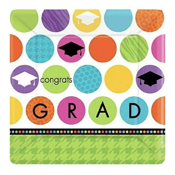 Colorful Commencement Graduation Banquet Party 10.5IN Square Paper Plates, 18 CT