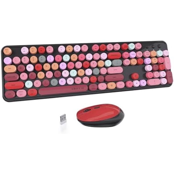 Colorful Computer Wireless Keyboard Mouse Combos, Typewriter Flexible Keys Office Full-Sized Keyboard, 2.4GHz Dropout-Free Connection and Optical Mouse (Black-Colorful)