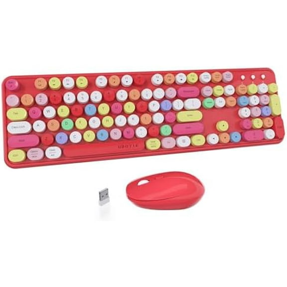 Colorful Computer Wireless Keyboard Mouse Combos, Typewriter Flexible Keys Office Full-Sized Keyboard, 2.4GHz Dropout-Free Connection and Optical Mouse (Red-Polychrome)