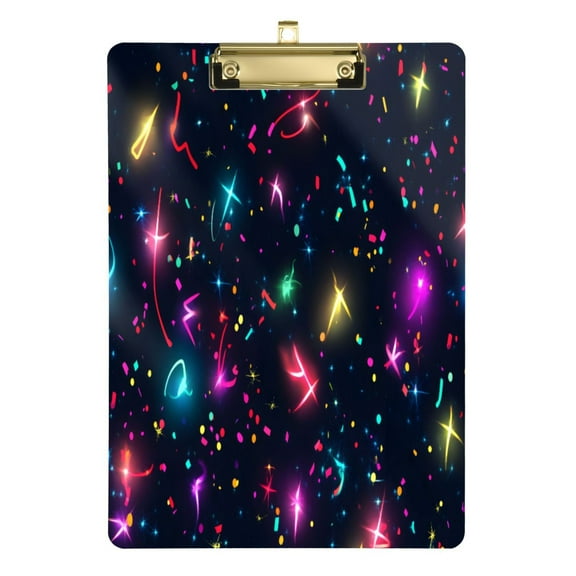 Colorful Confetti and Lights 12.5x9in Clipboard, Durable Acrylic with Metal Clip and Wall Hook for Office or Classroom