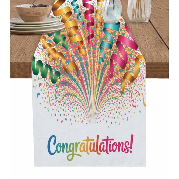 Colorful Congratulations Table Runner 36 Inches, Funny Words Graduation Season Bed Runner Dresser Scarves Tabletop for Indoor Outdoor Parties/Ceremony/Banquet, 13"x 36"