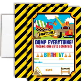 Colorful Construction Site Digger Dump Truck Birthday Invitations for Kids, 20 Fill-In Cards with Envelopes, 5x7 Children's Party Invitations, Birthday Party Supplies, Made in USA by Amanda Creation