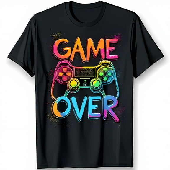 Colorful Controller Graphic Black T-Shirt with Game Over Design