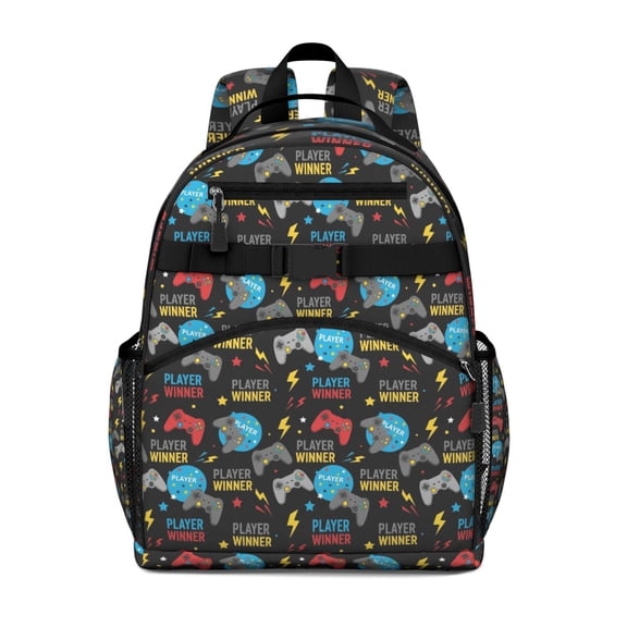 Colorful Controllers Games Badges Black Pattern Backpack for School,Cute School Bag,Schoolbag with Adjustable Shoulder Straps & Padded Back,15.25"x11.5"x5.25"