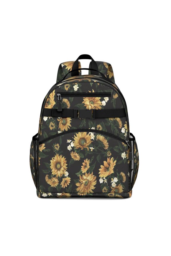 Black White Flower Sunflower Pattern Backpack for School,Cute School Bag,Schoolbag with Adjustable Shoulder Straps & Padded Back,15.25"x11.5"x5.25"