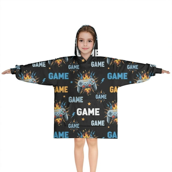 Colorful Controllers Games Flames Black Pattern Blanket Hoodies for Kids 6-13YR Oversize Wearable Blanket Hoodies for Boys Girls Teens