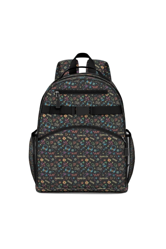 Colorful Controllers Games Icons Black Pattern Backpack for School,Cute School Bag,Schoolbag with Adjustable Shoulder Straps & Padded Back,15.25"x11.5"x5.25"