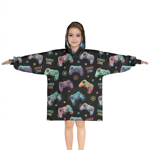 Colorful Controllers Games Icons Black Pattern Blanket Hoodies for Kids 6-13YR Oversize Wearable Blanket Hoodies for Boys Girls Teens