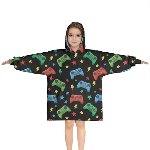 Colorful Controllers Games Icons Black Pattern Blanket Hoodies for Kids 6-13YR Oversize Wearable Blanket Hoodies for Boys Girls Teens