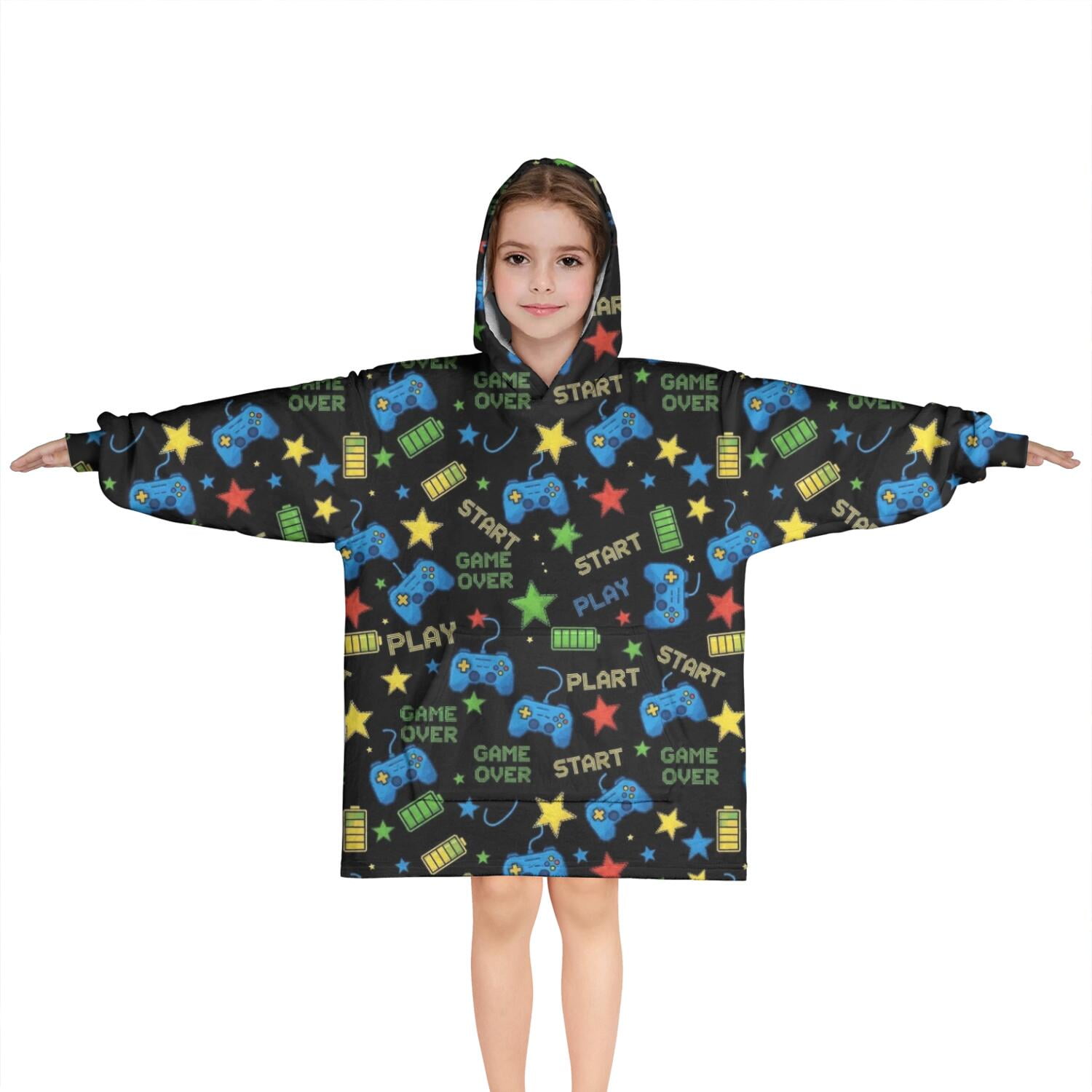 Colorful Controllers Games Icons Black Pattern Blanket Hoodies for Kids 6-13YR Oversize Wearable Blanket Hoodies for Boys Girls Teens