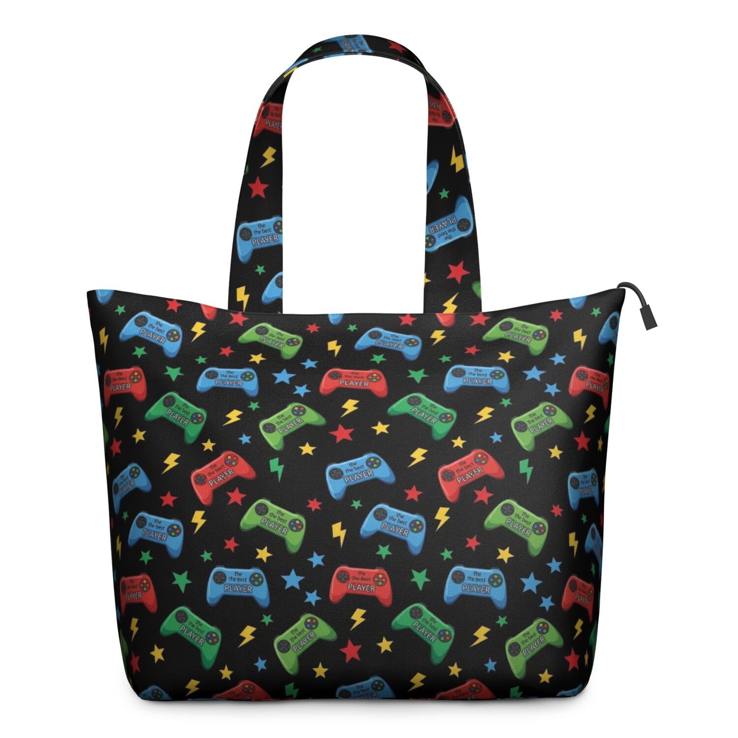 Colorful Controllers Games Icons Black Pattern Travel Tote Bags for Women Carry On,Large Weekender Bags for Women Travel,Multi Functional Duffle Bag for Work,Shopping,Sports