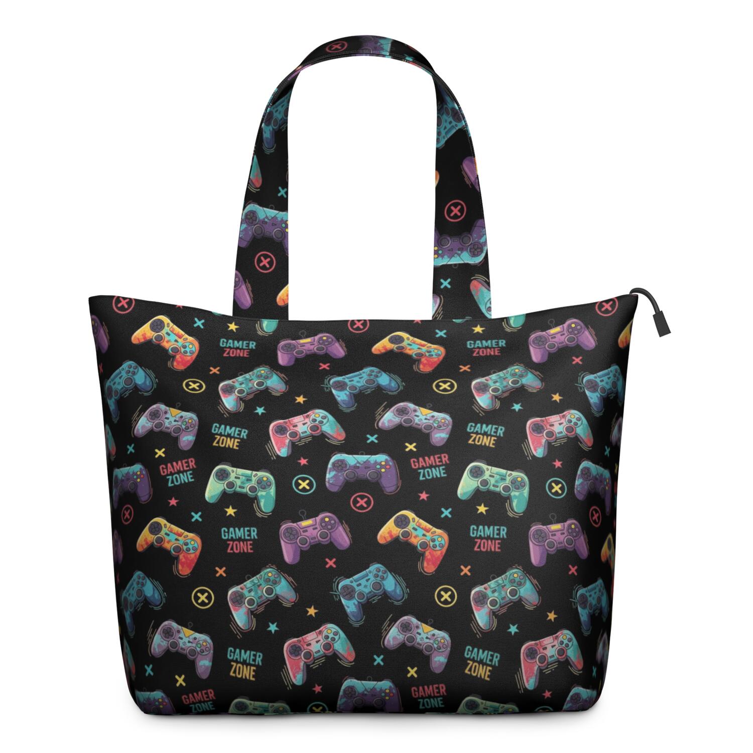 Colorful Controllers Games Icons Black Pattern Travel Tote Bags for Women Carry On,Large Weekender Bags for Women Travel,Multi Functional Duffle Bag for Work,Shopping,Sports