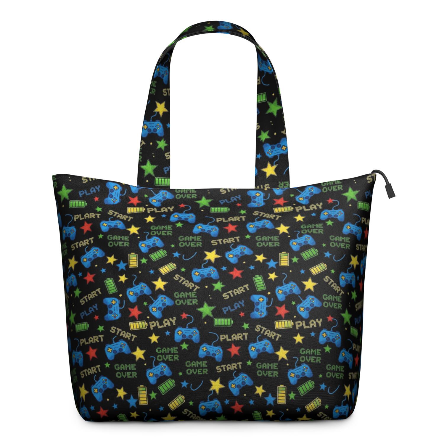 Colorful Controllers Games Icons Black Pattern Travel Tote Bags for Women Carry On,Large Weekender Bags for Women Travel,Multi Functional Duffle Bag for Work,Shopping,Sports