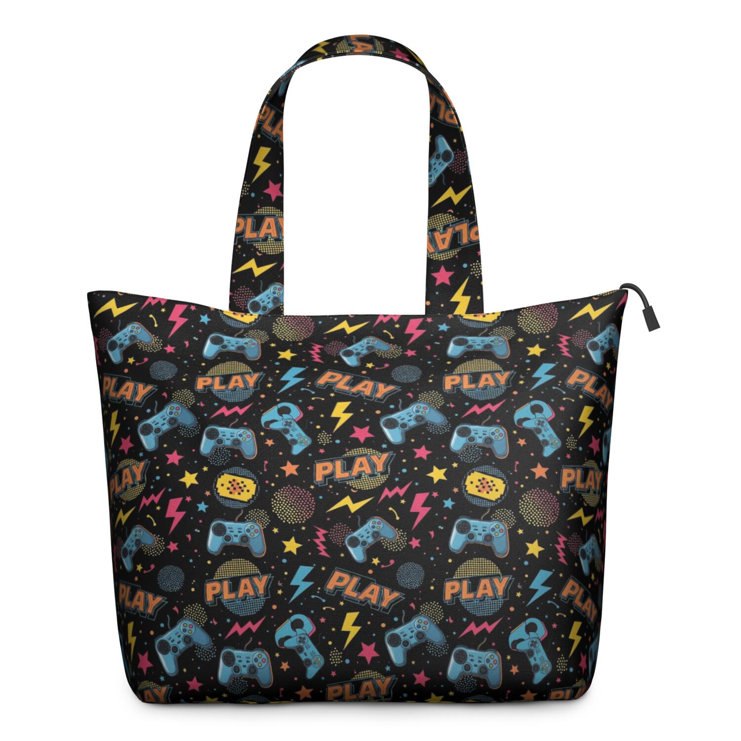 Colorful Controllers Games Shapes Black Pattern Travel Tote Bags for Women Carry On,Large Weekender Bags for Women Travel,Multi Functional Duffle Bag for Work,Shopping,Sports