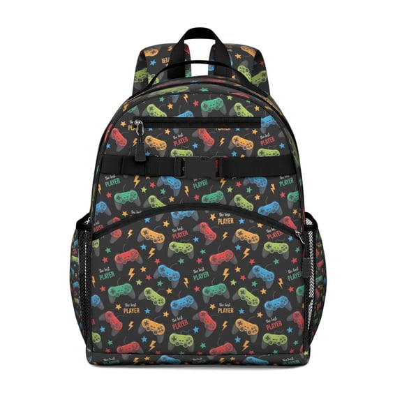 Colorful Controllers Games Stars Black Pattern Backpack for School,Cute School Bag,Schoolbag with Adjustable Shoulder Straps & Padded Back,15.25"x11.5"x5.25"
