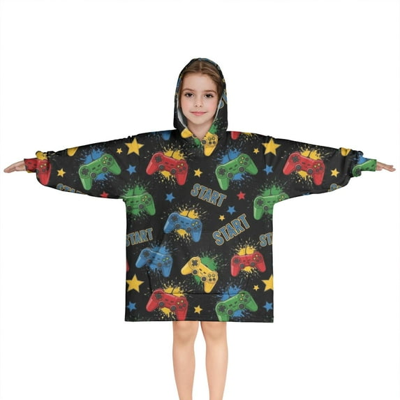 Colorful Controllers Games Stars Black Pattern Blanket Hoodies for Kids 6-13YR Oversize Wearable Blanket Hoodies for Boys Girls Teens