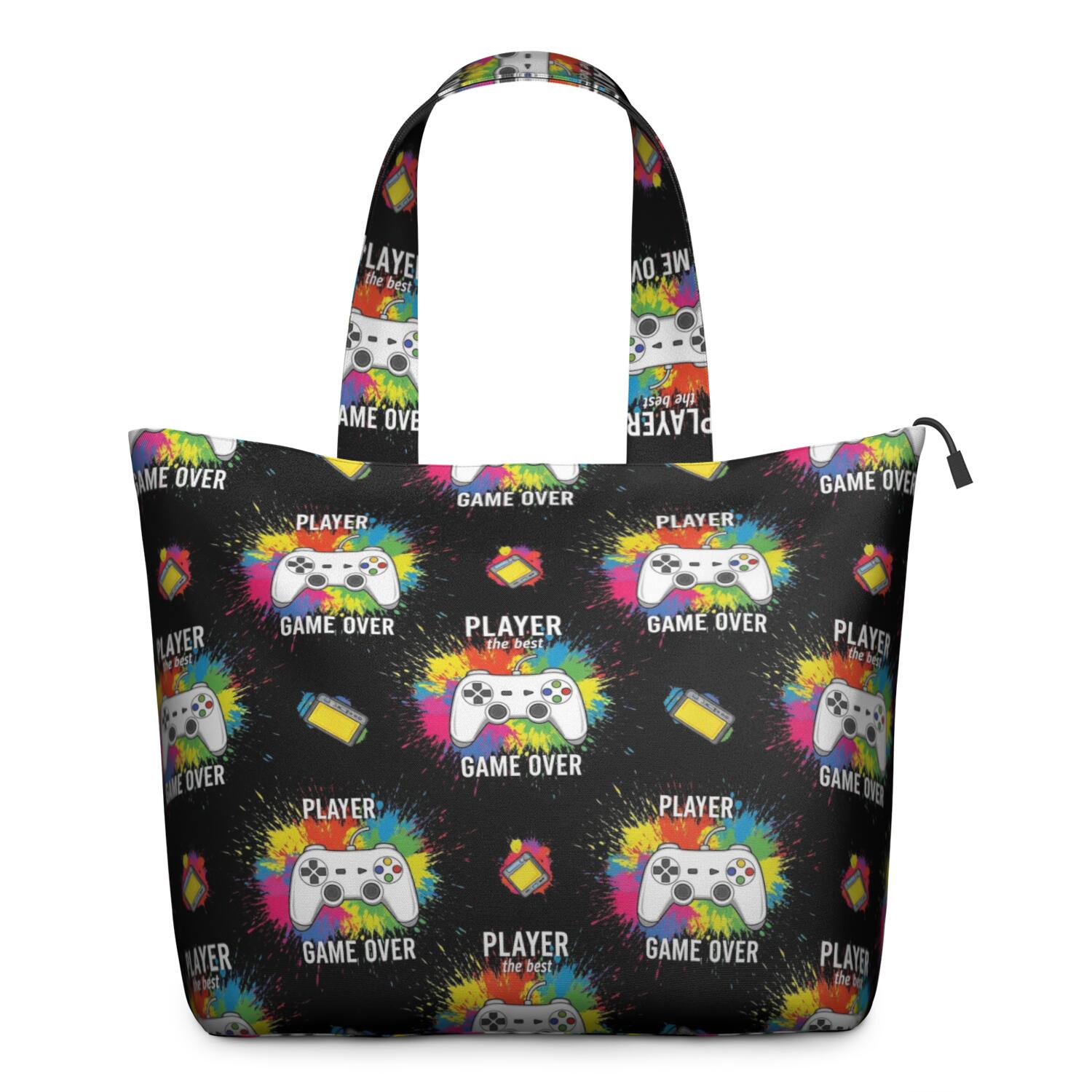 Colorful Controllers Games Symbols Black Pattern Travel Tote Bags for Women Carry On,Large Weekender Bags for Women Travel,Multi Functional Duffle Bag for Work,Shopping,Sports