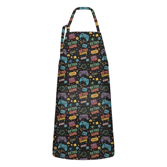 Colorful Controllers Games Words Black Apron-Garden Aprons for Women with Pockets-Cotton Linen Waterproof Kitchen Cooking Gardening Aprons Adjustable for Kitchen,Cooking,BBQ and Salon 33x27 Inch