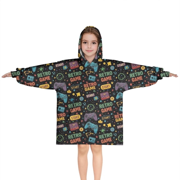 Colorful Controllers Games Words Black Pattern Blanket Hoodies for Kids 6-13YR Oversize Wearable Blanket Hoodies for Boys Girls Teens