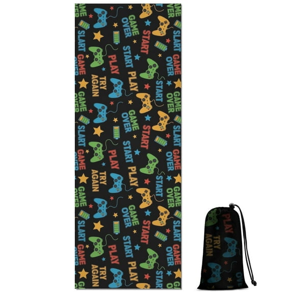 Colorful Controllers Games Words Black Pattern Hot Yoga Mat Towel Non Slip for Hot Yoga - Quick-Drying Yoga Mat Cover with 4 Corner Pockets with Travel Bag - Hot Yoga Towel Non Slip 70"x26"