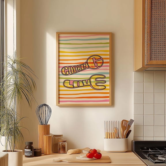 Colorful Cooking Love Wall Art, Vibrant Kitchen Decor, Whimsical Utensils Artwork, Striped Background With Playful Typography Unframed Paper Print